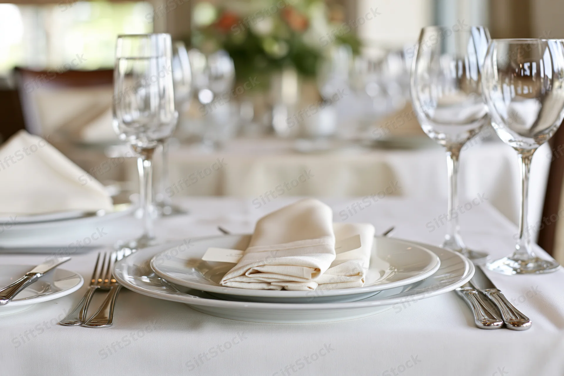 Formal dining table set with white plates, folded linen napkin, and silverware for a restaurant event