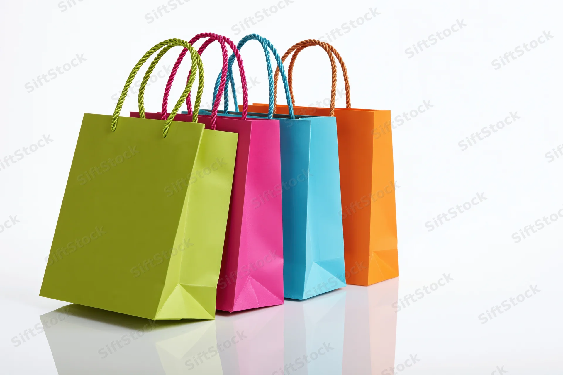 Four colorful paper shopping bags standing and leaning together on a reflective white surface