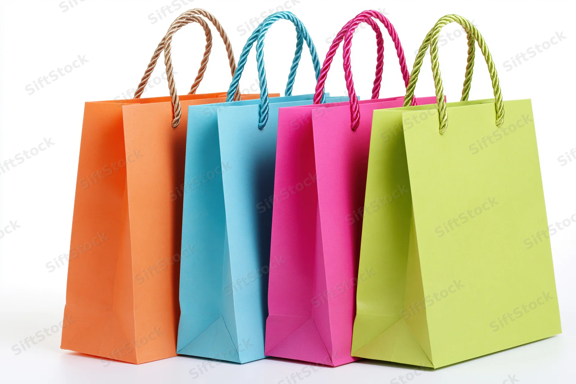 Four colorful paper shopping bags with twisted rope handles arranged in a row on a white background