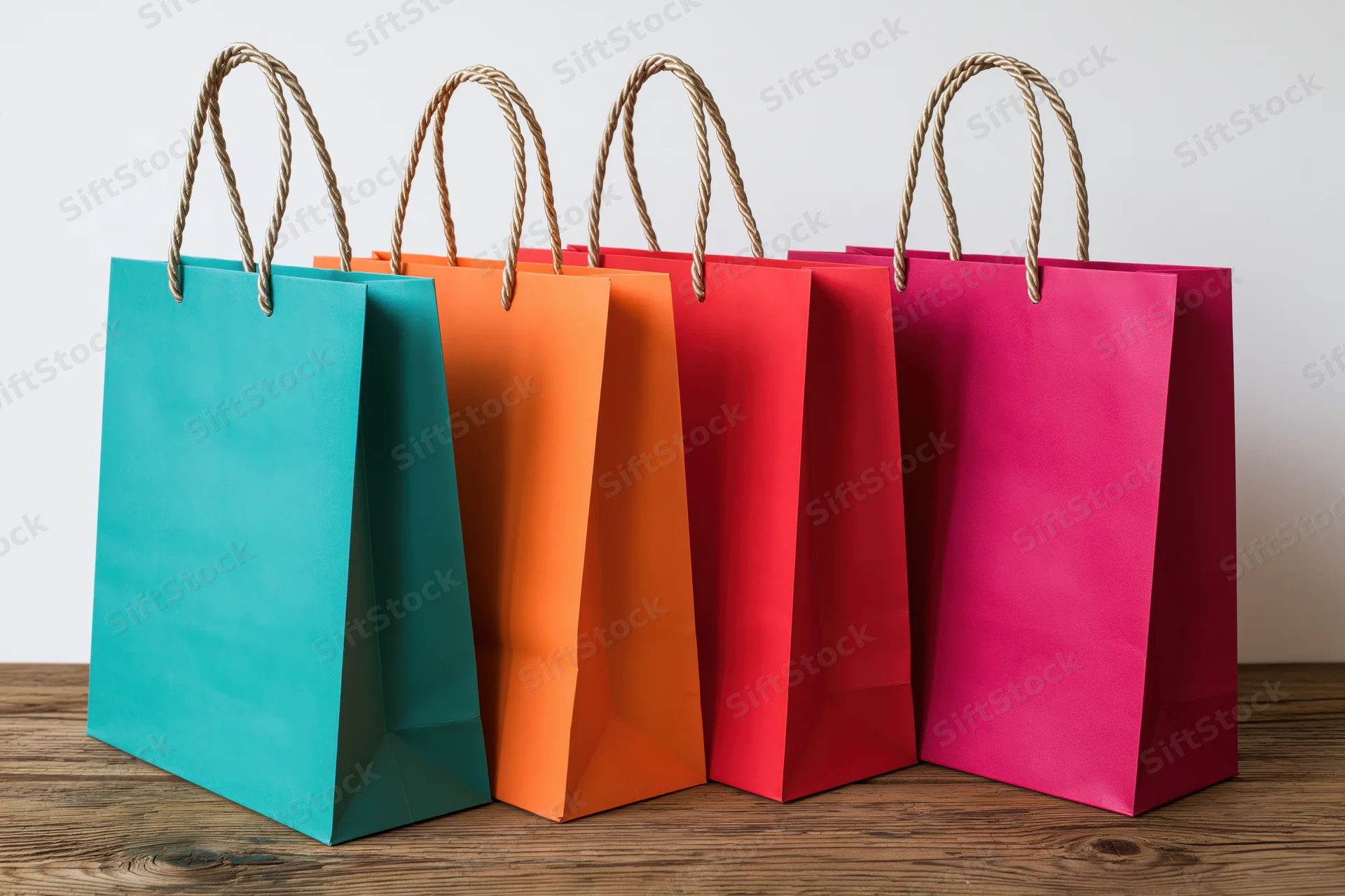Four colorful paper shopping bags with twisted rope handles arranged in a row on a wooden table