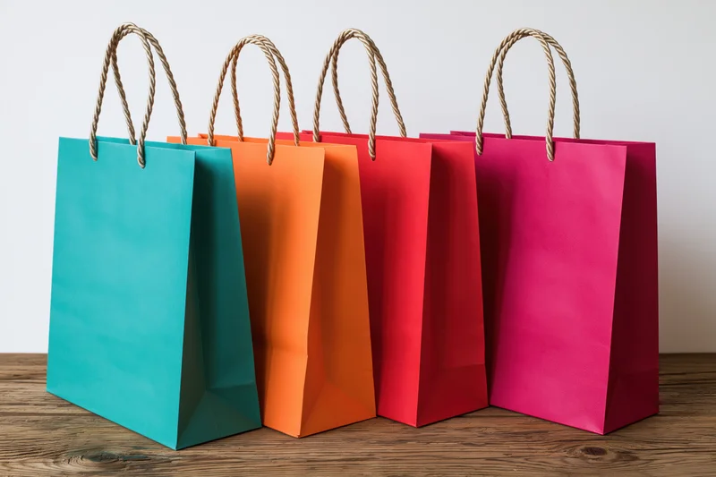 Four colorful paper shopping bags with twisted rope handles arranged in a row on a wooden table