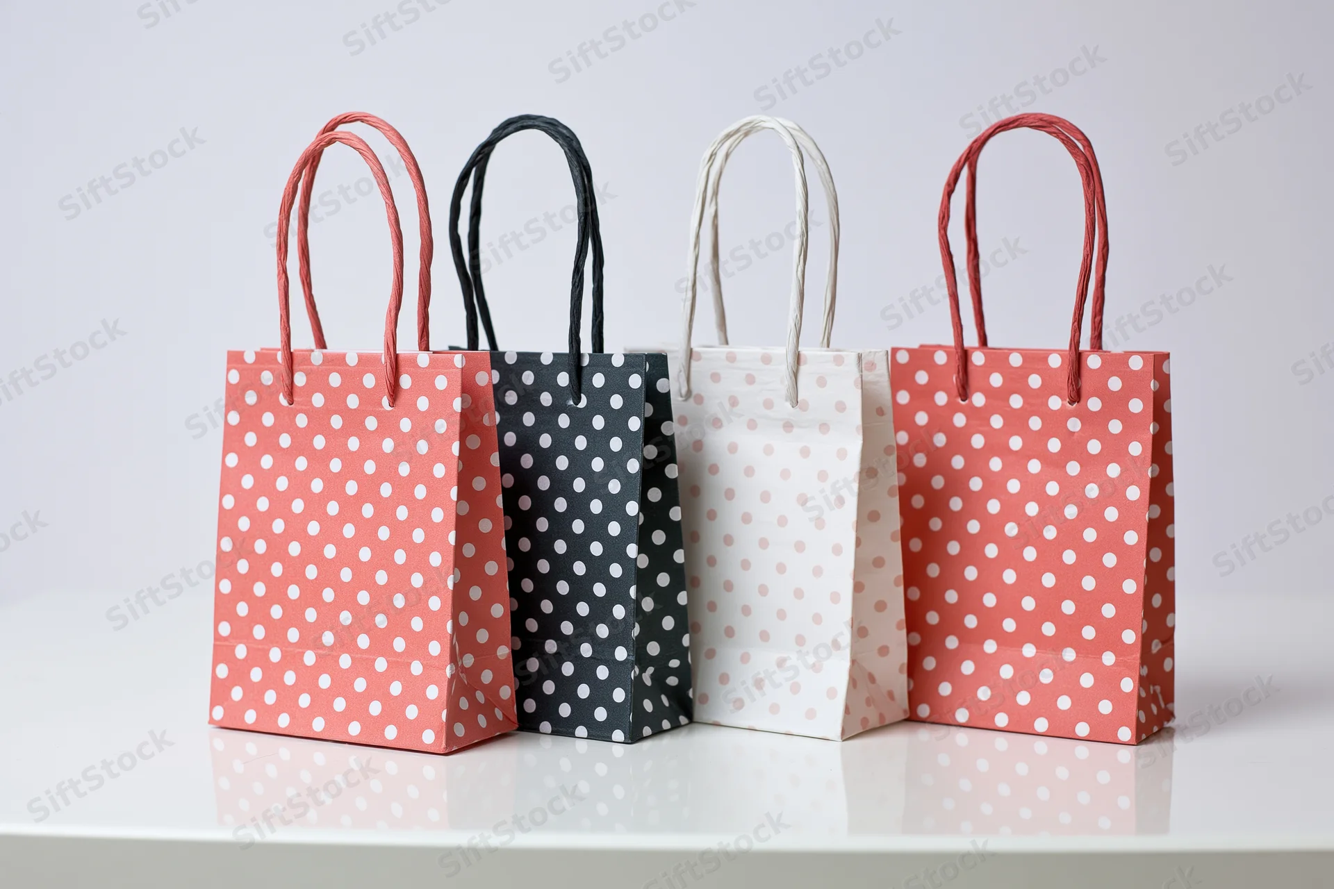 Four small paper gift bags with white polka dots arranged in a row on a white surface