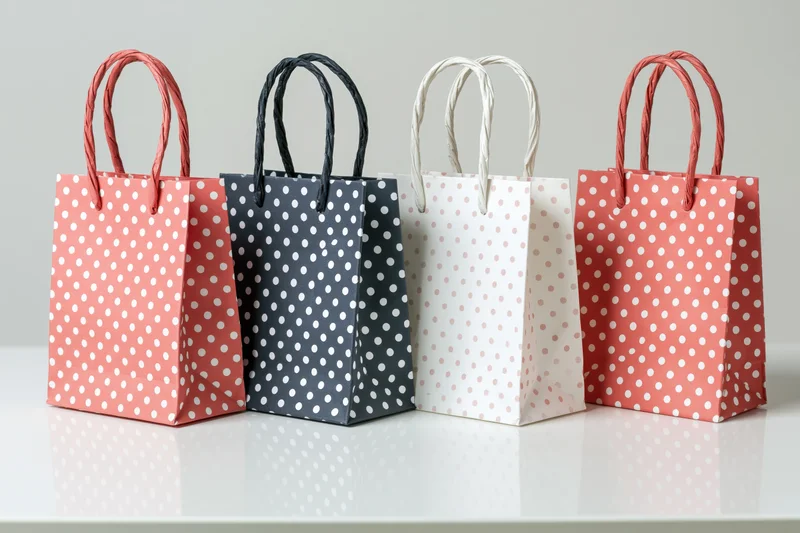 Four small paper gift bags with white polka dots arranged in a row on a reflective white surface