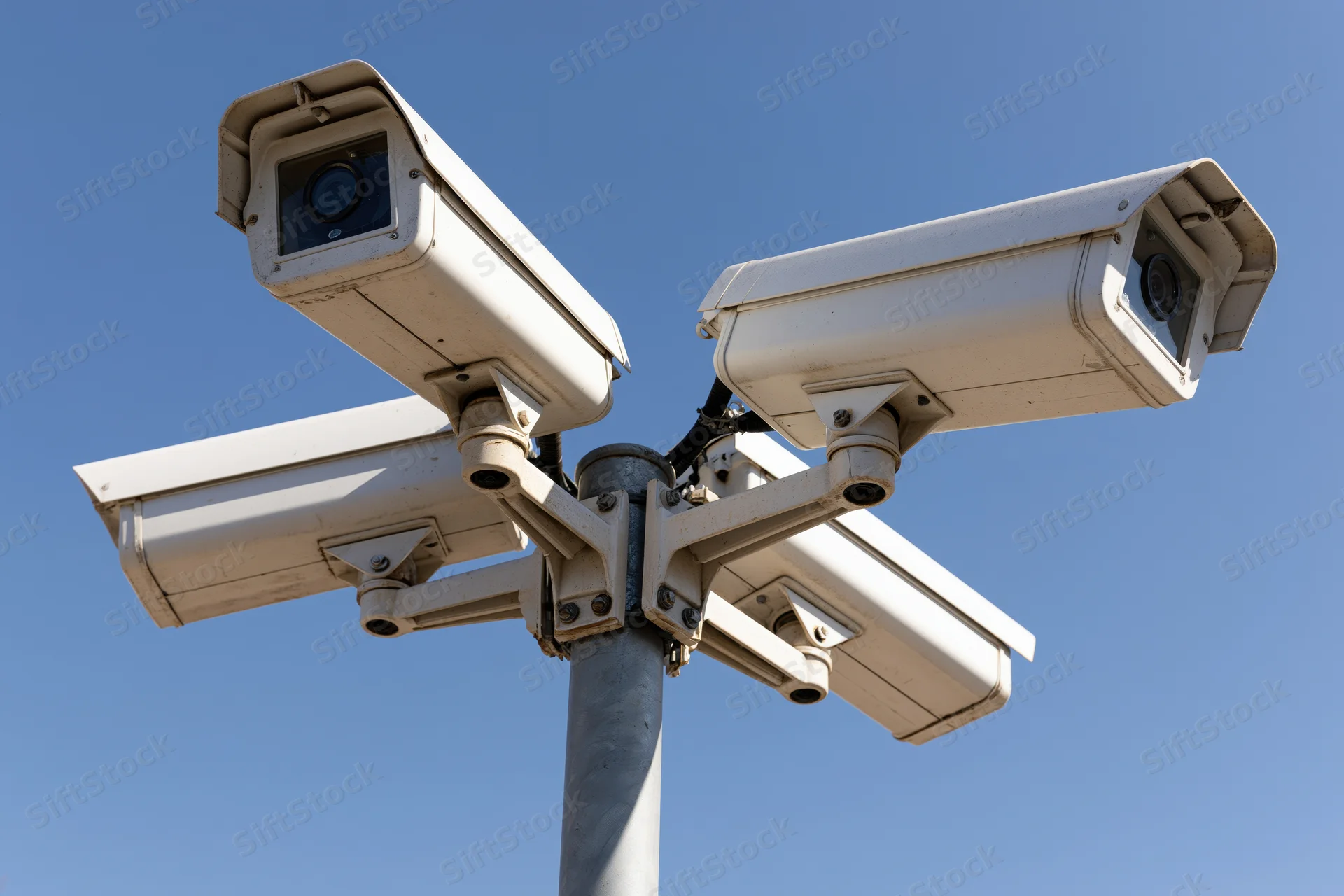 Four white cctv security cameras mounted on a metal pole against a clear blue sky