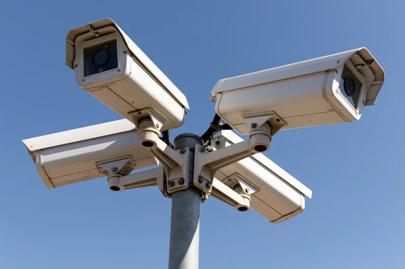 Four white cctv security cameras mounted on a metal pole against a clear blue sky