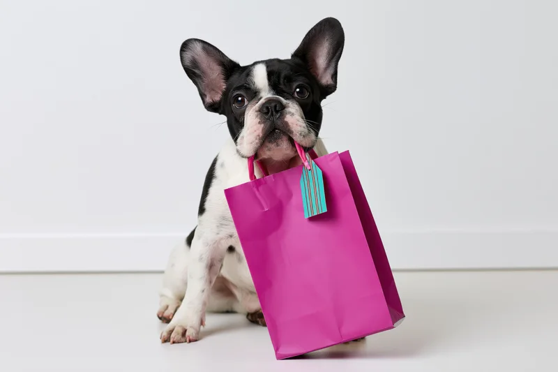 Frenchbulldog puppy sitting upright holding a pink shopping bag in a white studio space