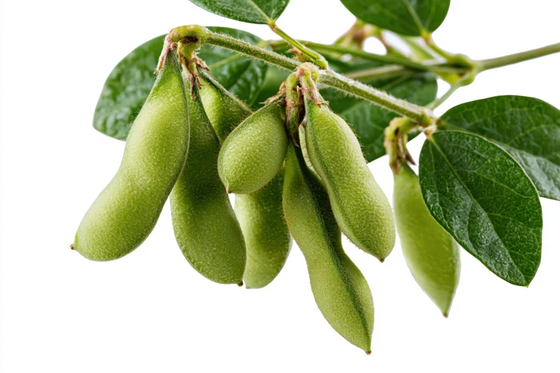 Fresh soybean pods on a branch with green leaves isolated on white