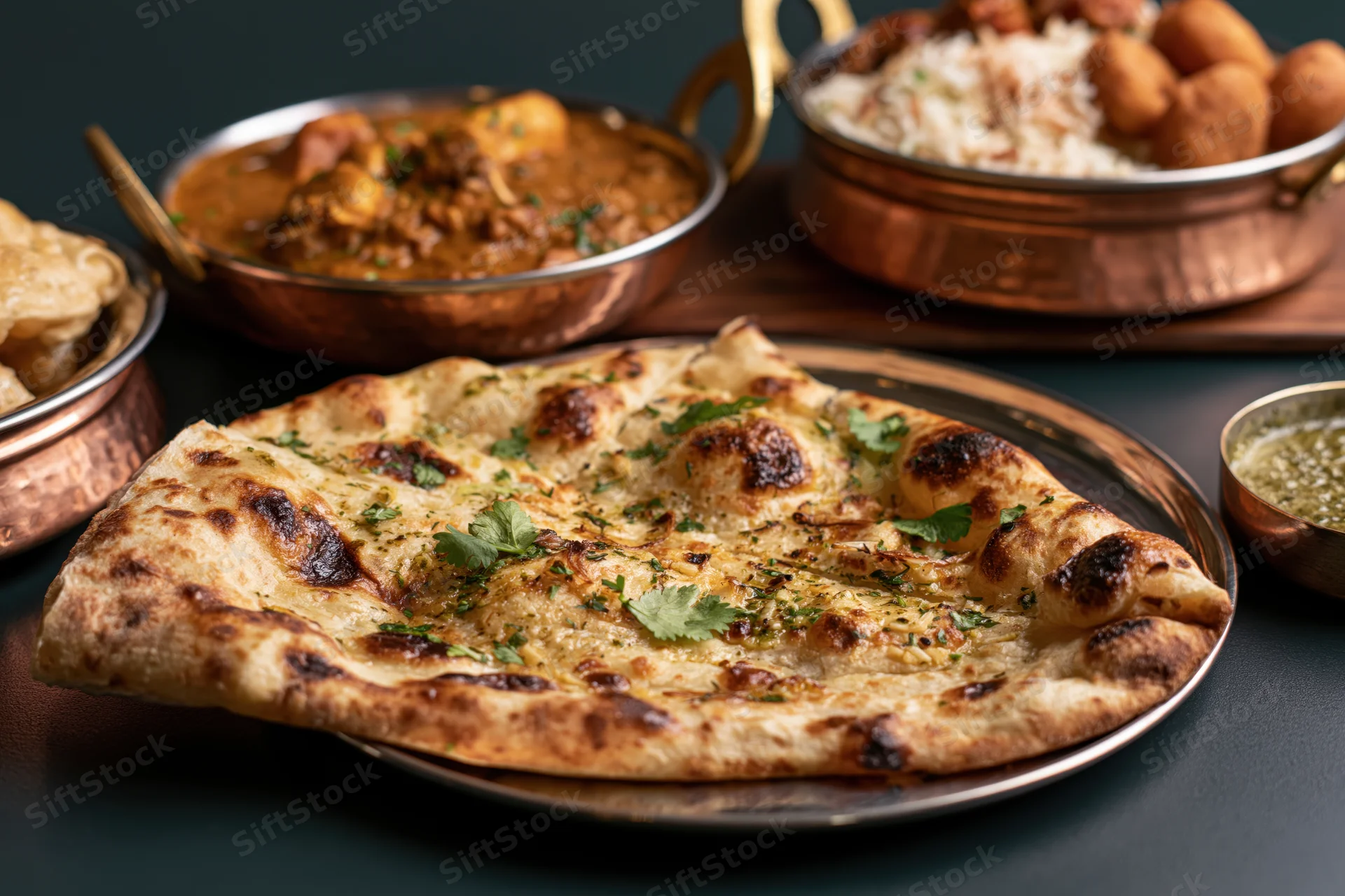 Garlic naan bread folded on a metal plate with curry, rice, and samosas in copper bowls nearby