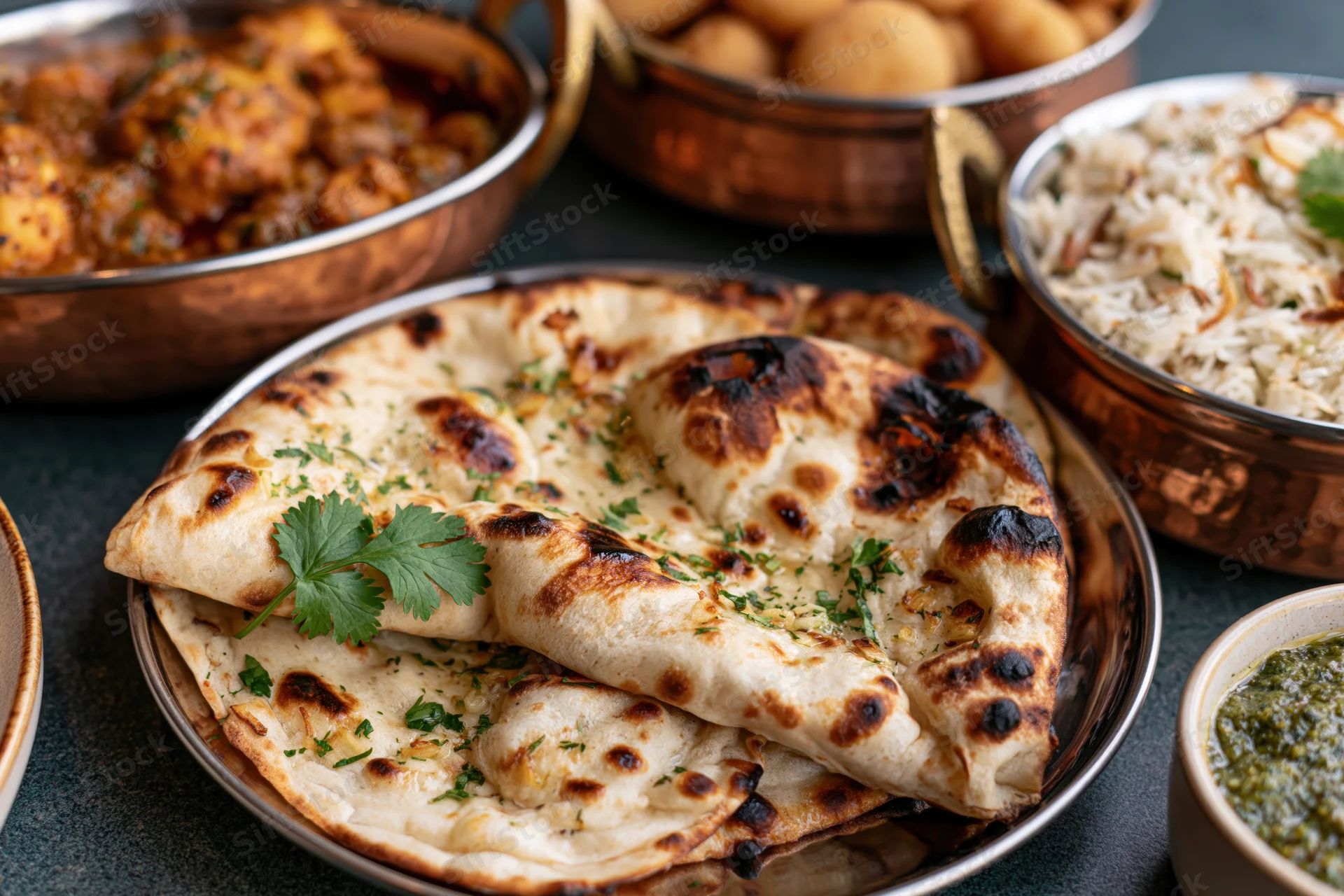Folded garlic naan bread on a metal plate with cilantro garnish surrounded by indian dishes