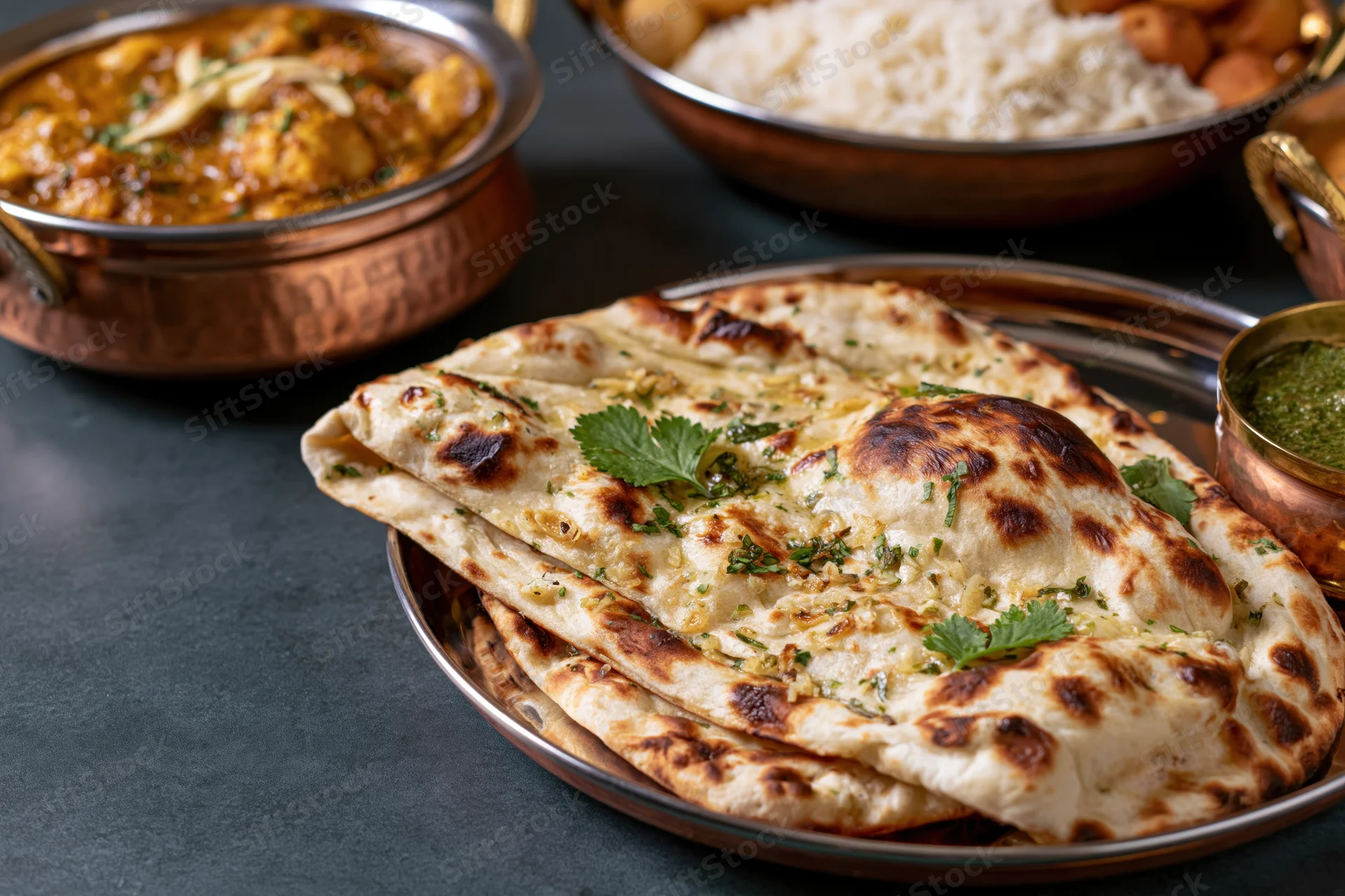 Folded garlic naan bread on a metal plate with curry and rice in the background