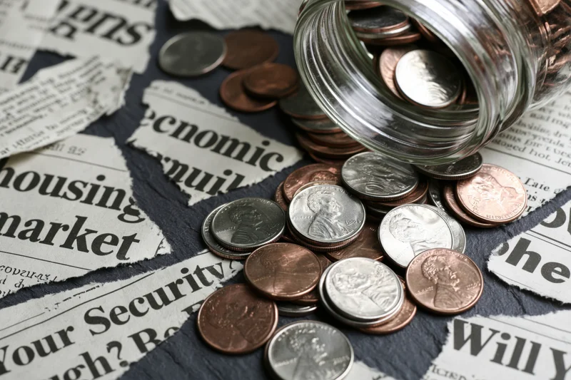 Glass jar tipped over spilling us coins onto dark surface with torn newspaper headlines about economy and housing market