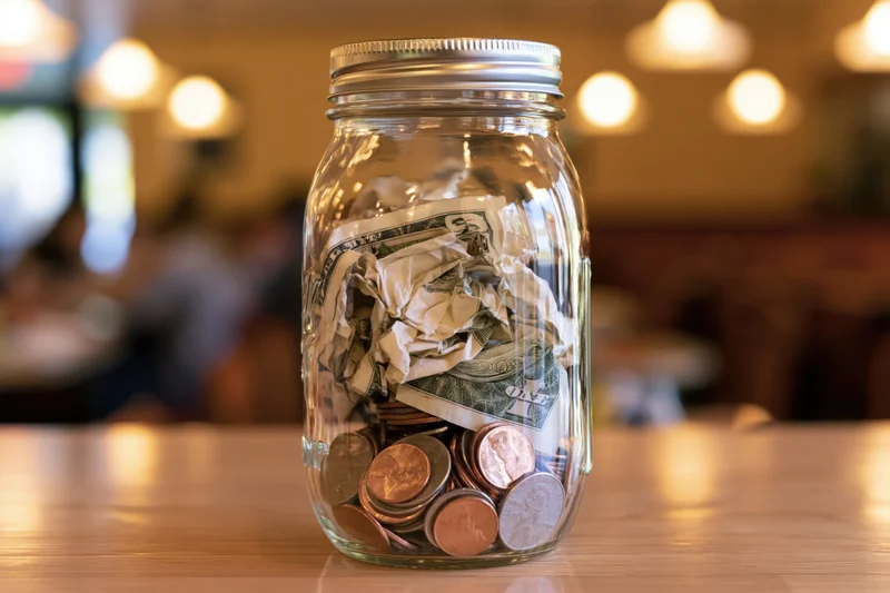 Glass mason jar filled with crumpled US dollar bills and coins on wooden table in cafe