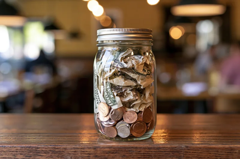 Glass mason jar filled with crumpled us dollar bills and coins on wooden table in cafe interior