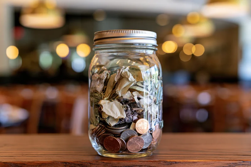 Glass mason jar filled with crumpled us dollar bills and coins on wooden table in warm-lit interior