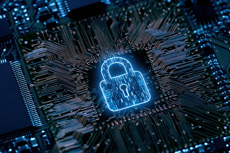 Glowing blue padlock icon centered on dark printed circuit board