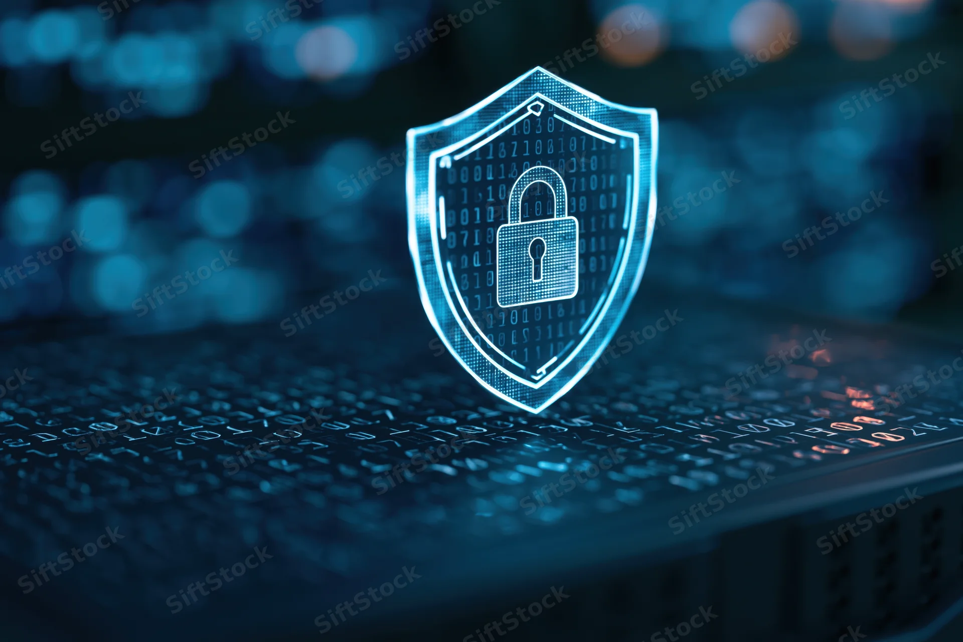 Glowing blue shield with padlock symbol floating above a server keyboard covered in binary code