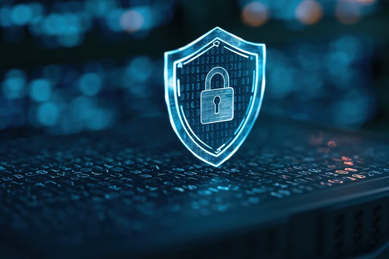 Glowing blue shield with padlock symbol floating above a server keyboard covered in binary code