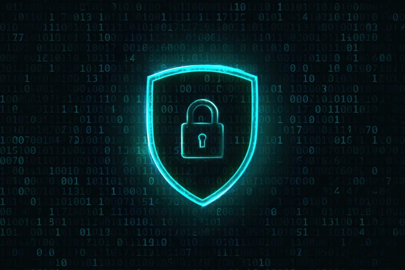 Glowing cyan shield with padlock symbol over binary code background