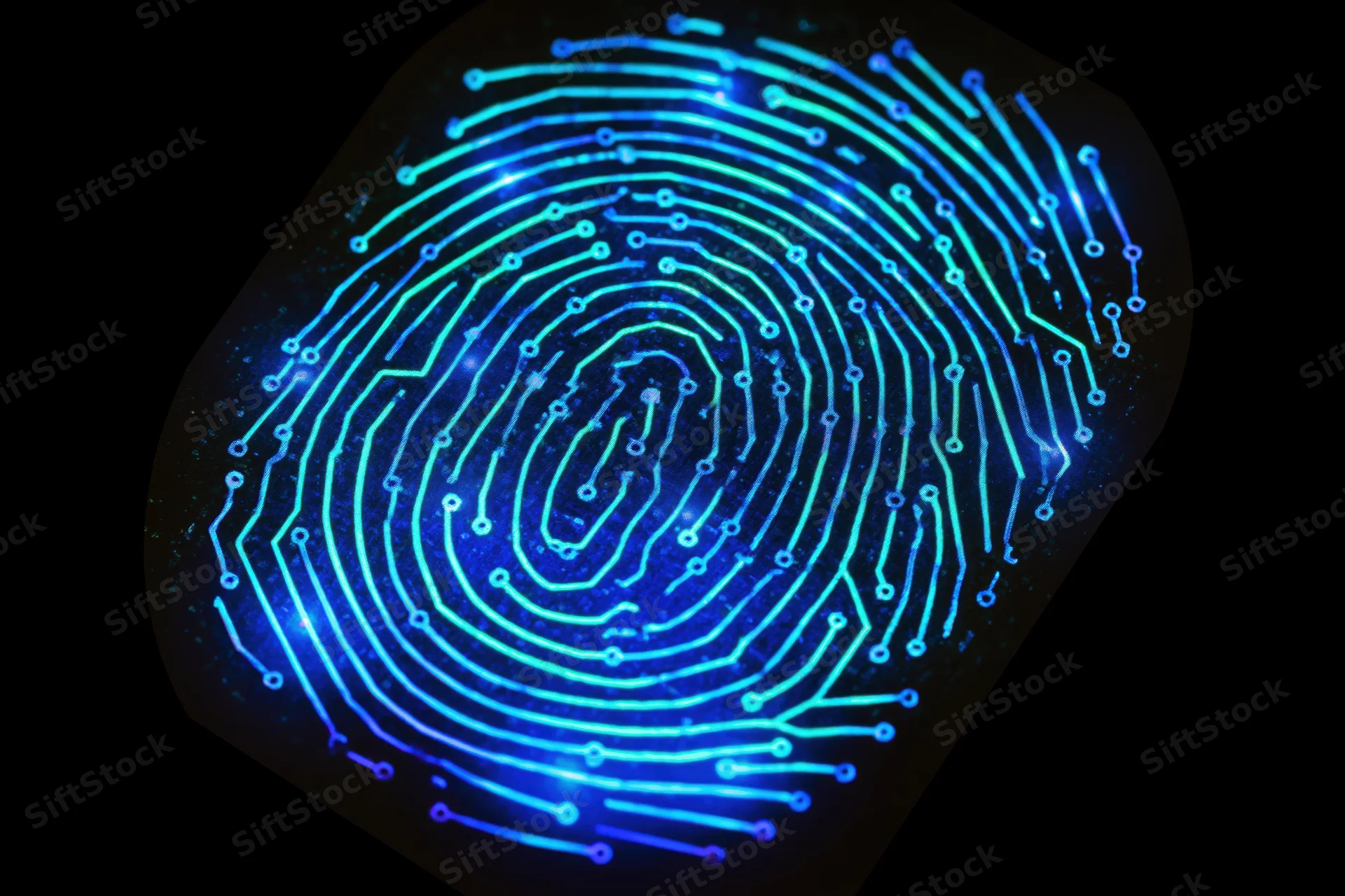 Glowing fingerprint pattern formed by circuit board traces on dark background