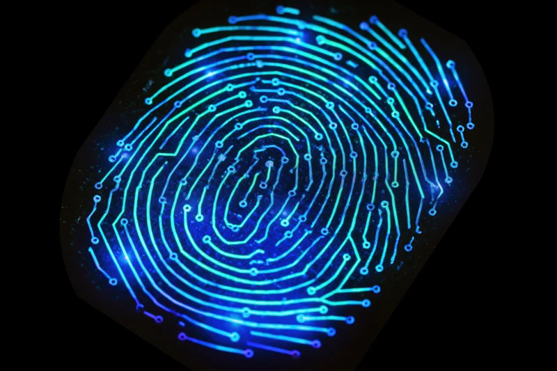 Glowing fingerprint pattern formed by circuit board traces on dark background