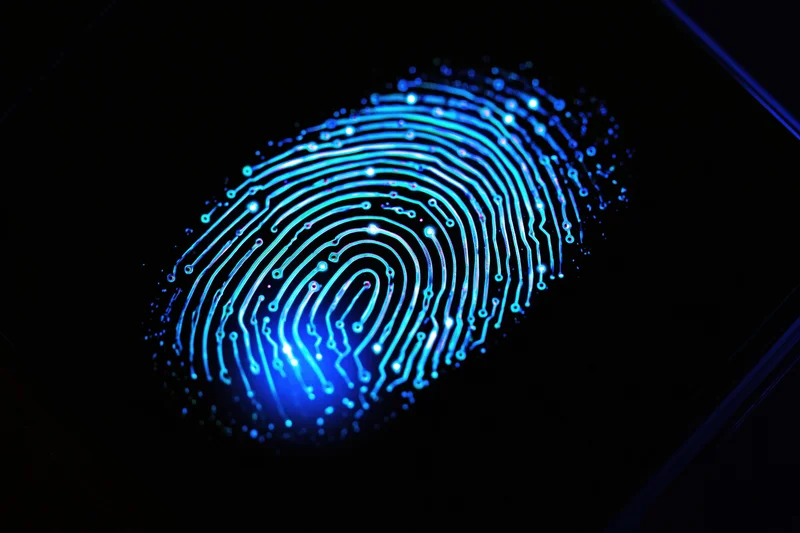 Glowing fingerprint pattern formed by circuit board traces on dark surface