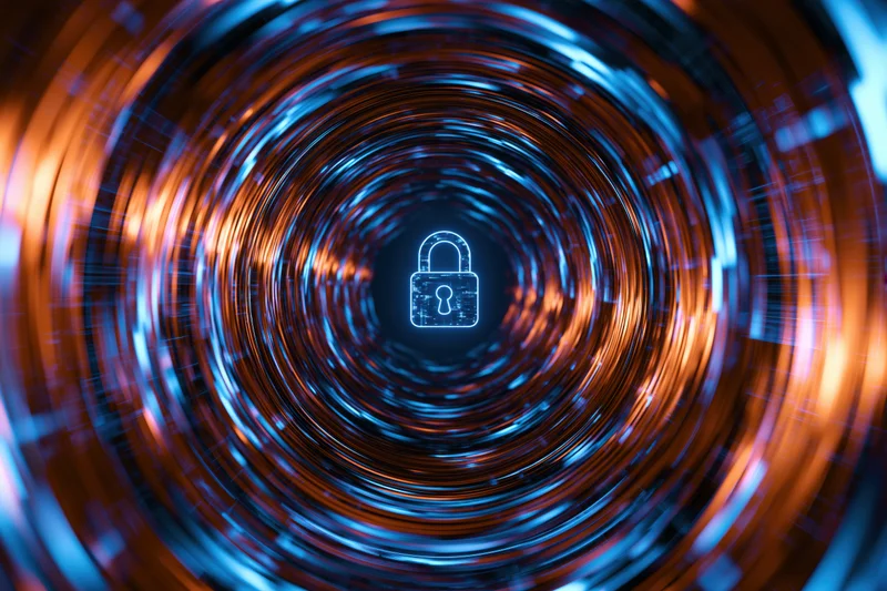 Glowing padlock icon centered in a swirling digital tunnel of blue and orange light
