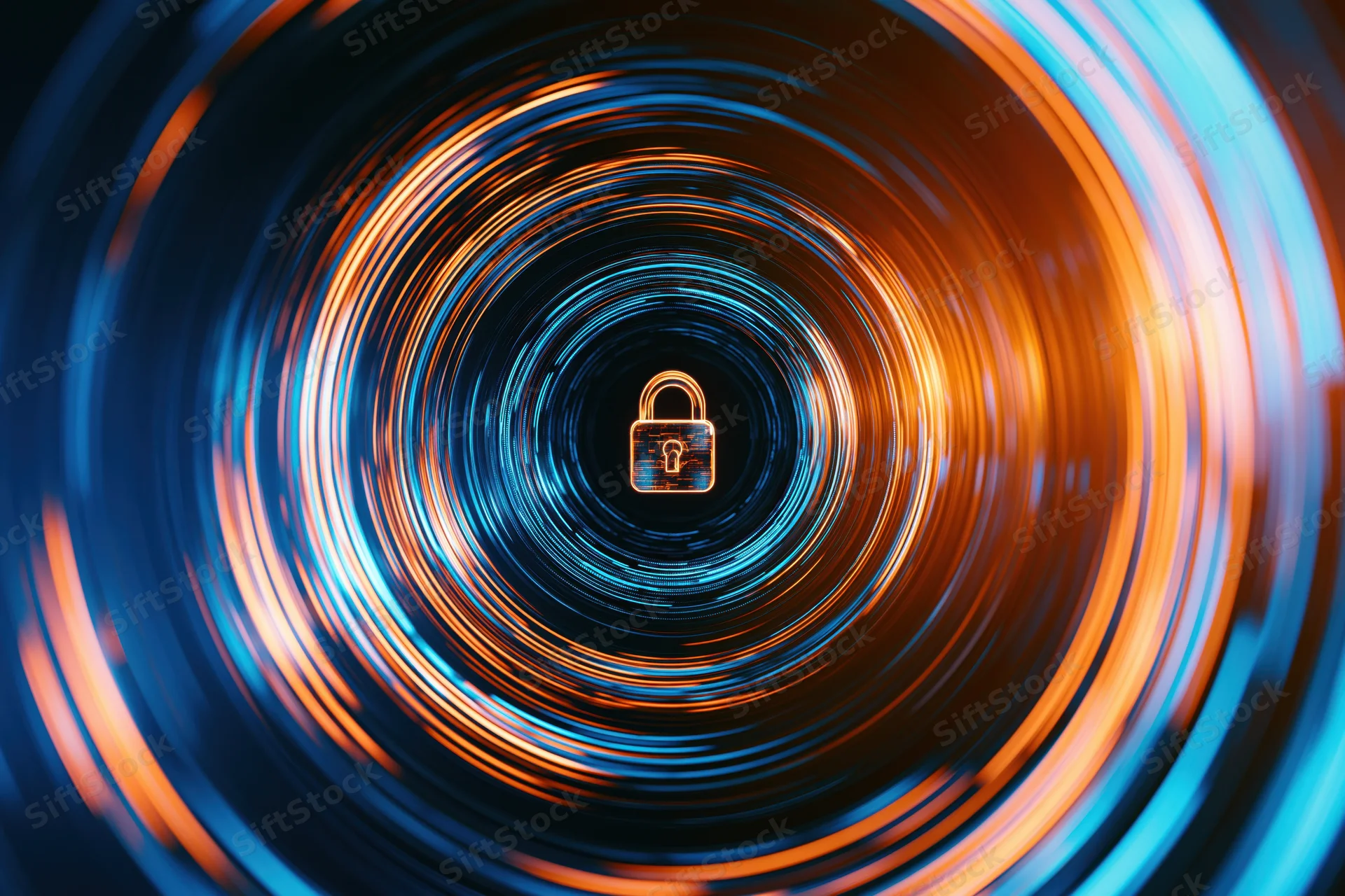 Glowing padlock icon centered in a swirling digital tunnel of orange and blue light
