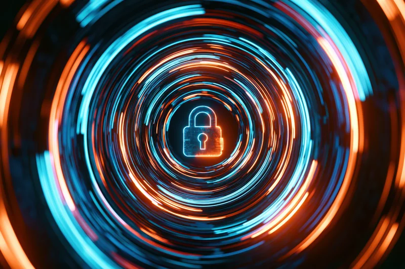 Glowing padlock icon centered in a swirling digital tunnel of neon light