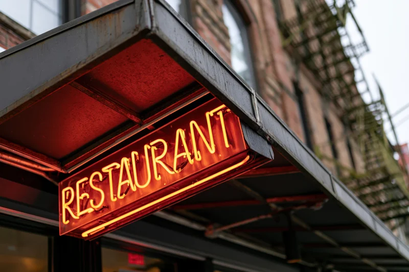 Glowing red-orange neon restaurant sign mounted on a dark metal awning over a brick building facade