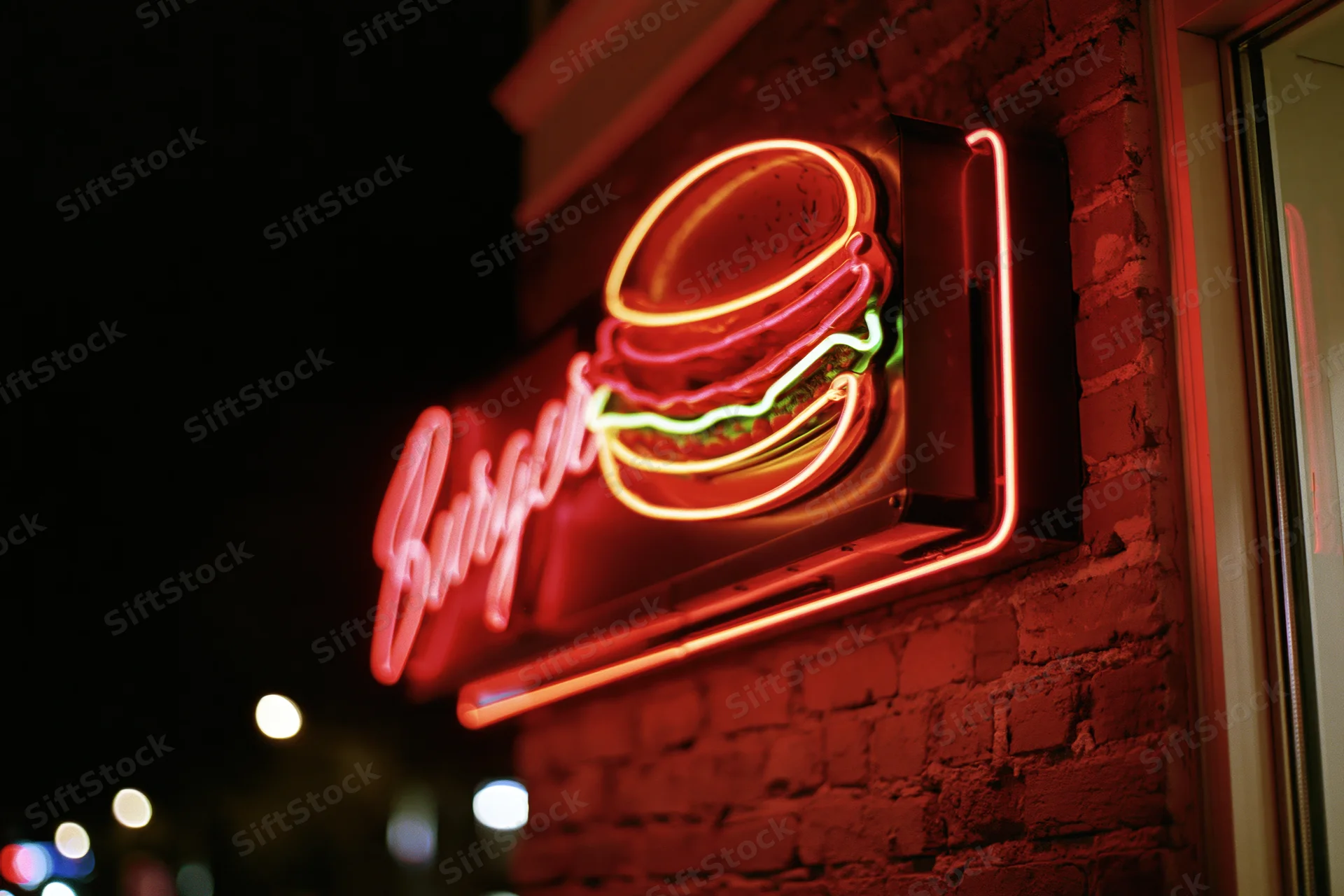 Glowing red neon burger sign mounted on brick wall at night