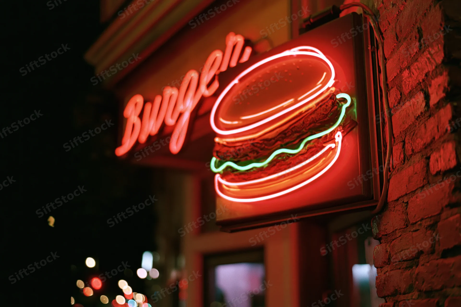 Glowing red neon burger sign mounted on a brick wall at night