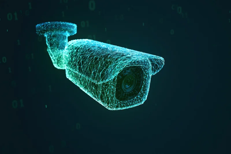 Glowing wireframe security camera in digital space with binary code floating around
