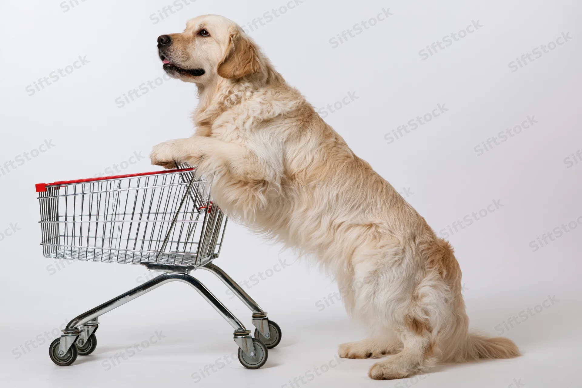 Golden retriever standing on hind legs with front paws resting on a shopping cart in a studio setting