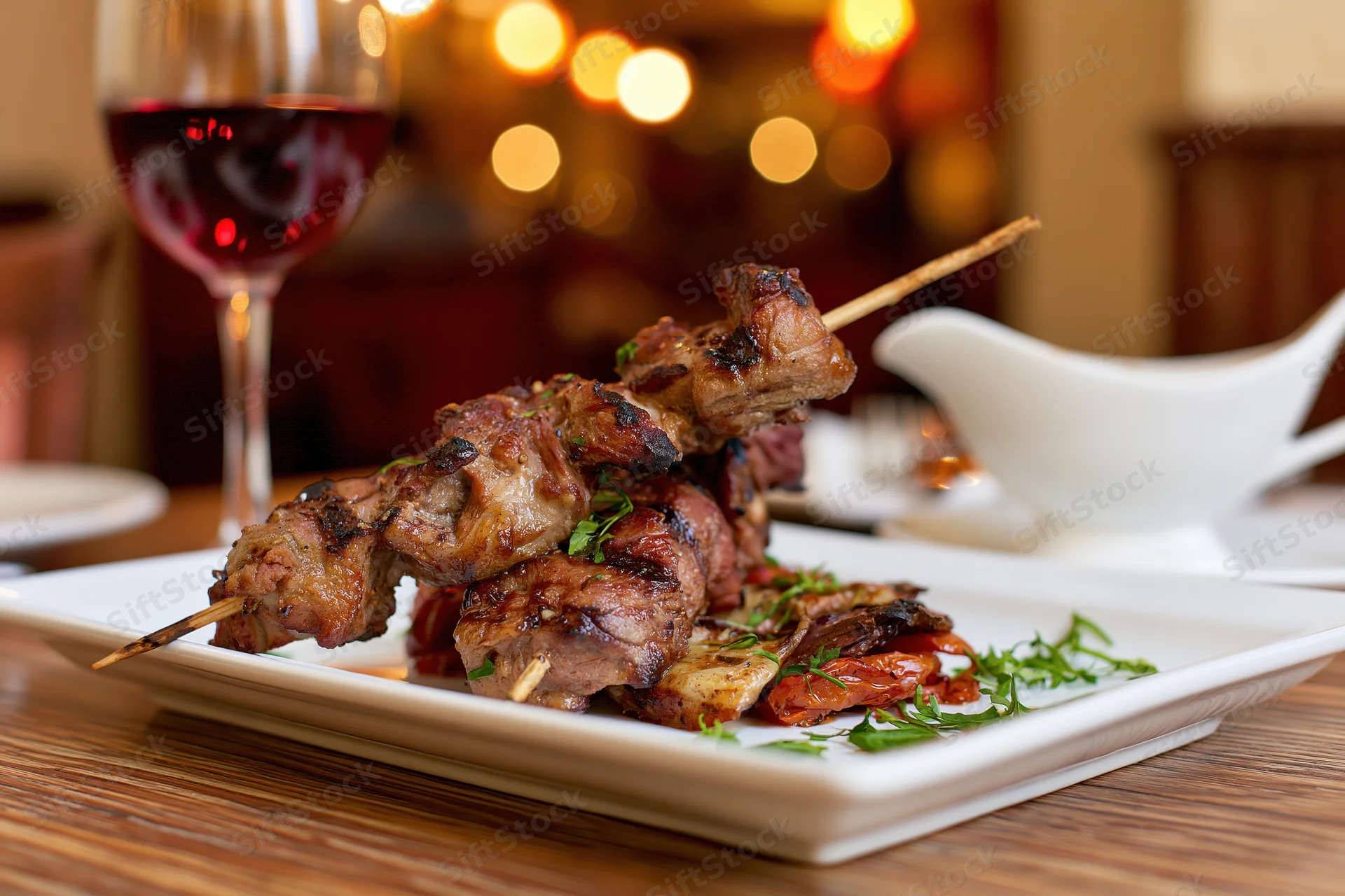 Grilled meat skewers on a white rectangular plate with herbs and tomato garnish on a wooden table in a warmly lit restaurant