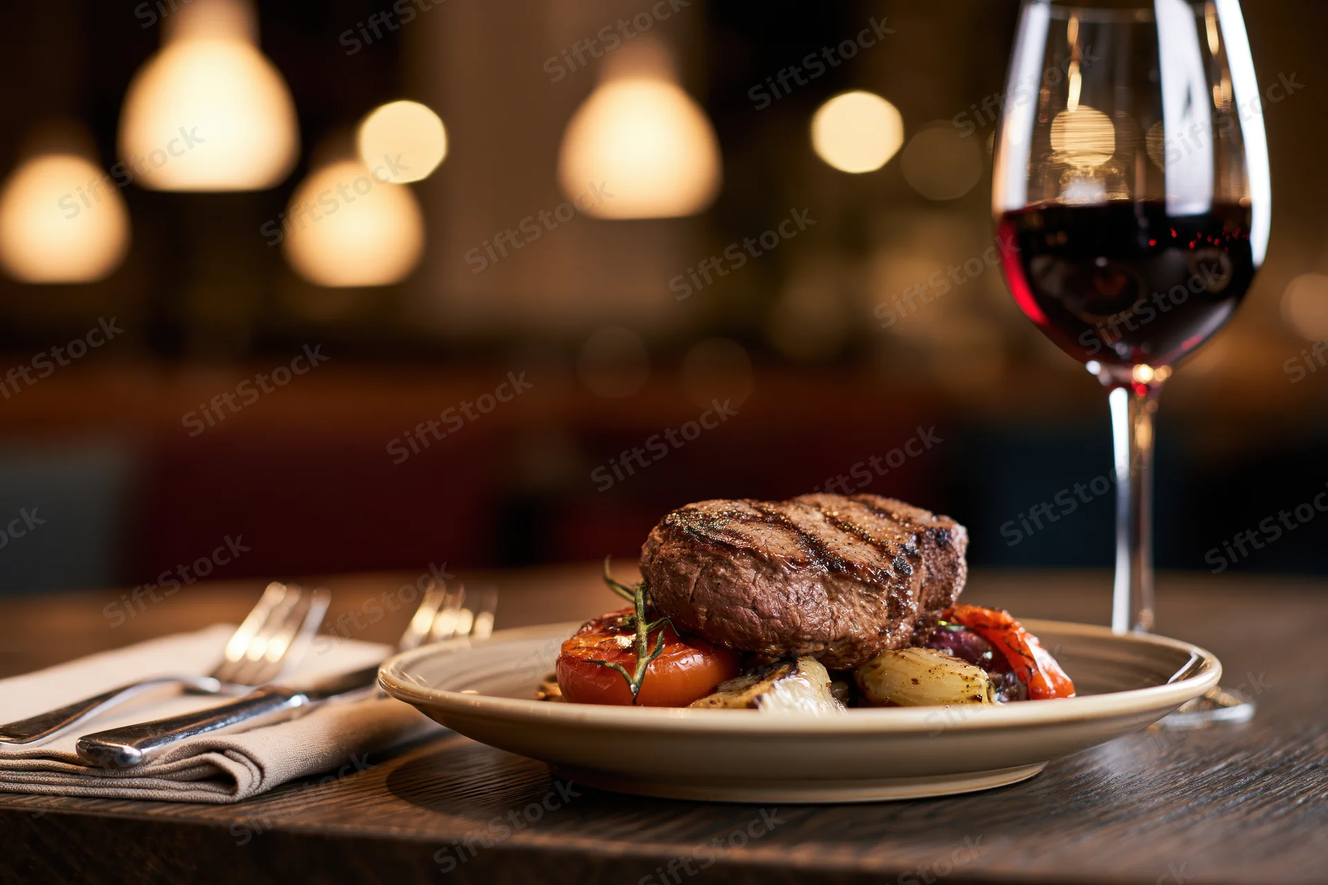 Grilled steak with roasted vegetables on a plate beside a glass of red wine on a wooden table in a dimly lit restaurant