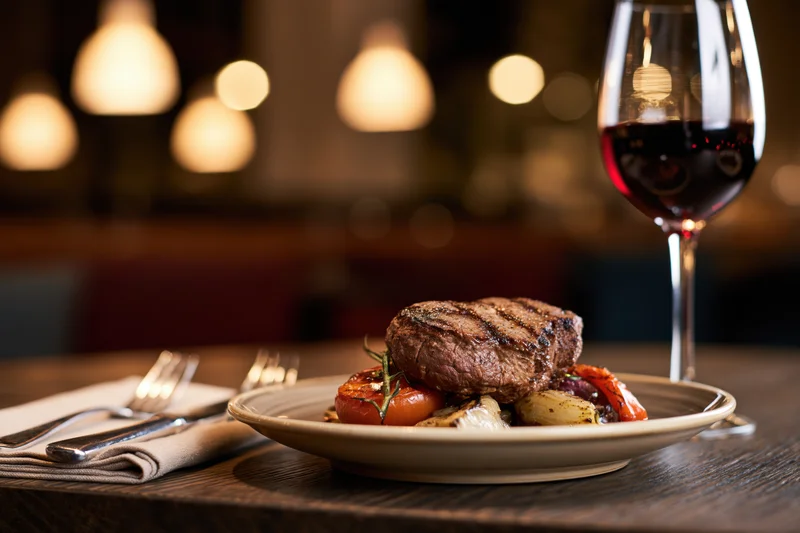 Grilled steak with roasted vegetables on a plate beside a glass of red wine on a wooden table in a dimly lit restaurant