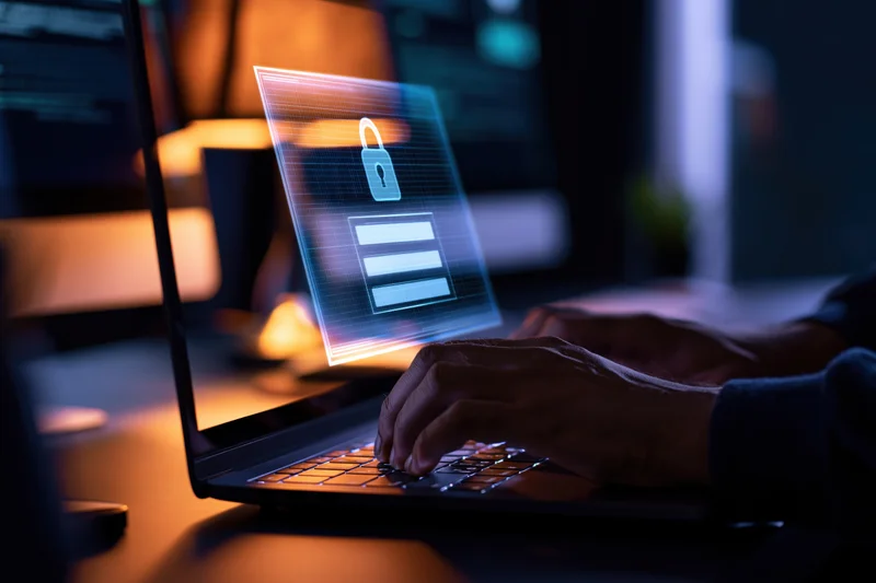 Hands typing on laptop keyboard with holographic lock and password fields in dark room