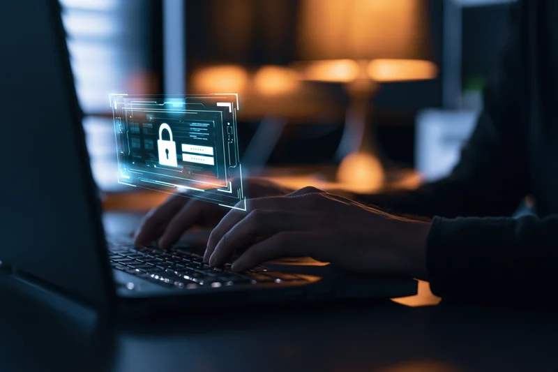 Hands typing on a laptop keyboard with a holographic security interface in a dimly lit room