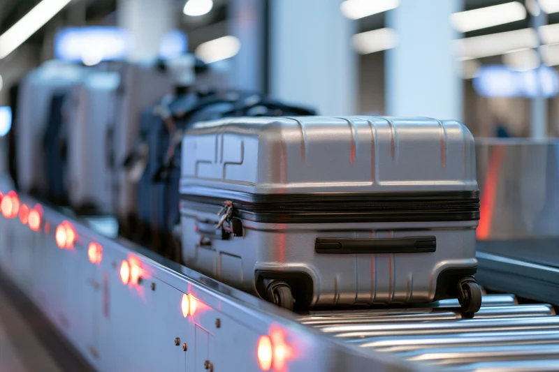 Silver hard-sided carry-on suitcase moving along airport baggage conveyor belt