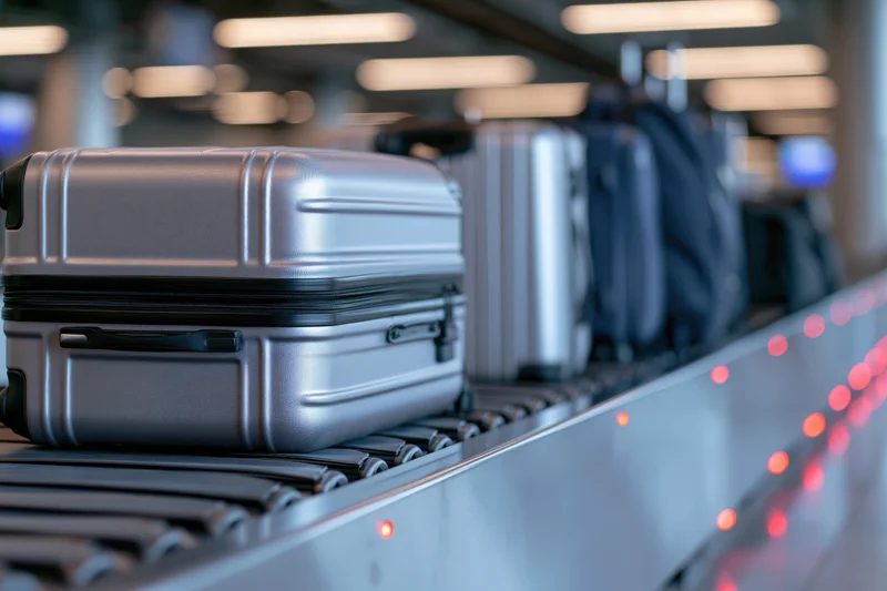 Silver hard-sided carry-on suitcase moving along airport baggage conveyor belt