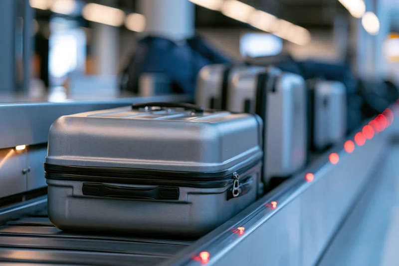Silver hard-sided carry-on suitcase moving along airport baggage conveyor belt