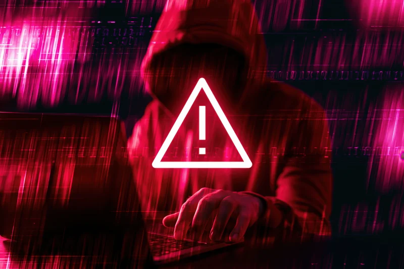 Hooded figure typing on laptop with warning symbol overlaid in red digital environment