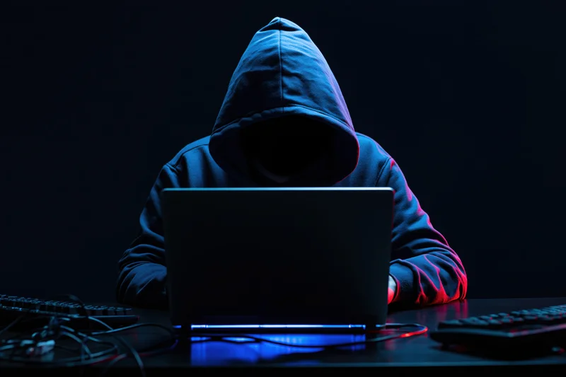 Hooded figure typing on laptop at dark desk in low light