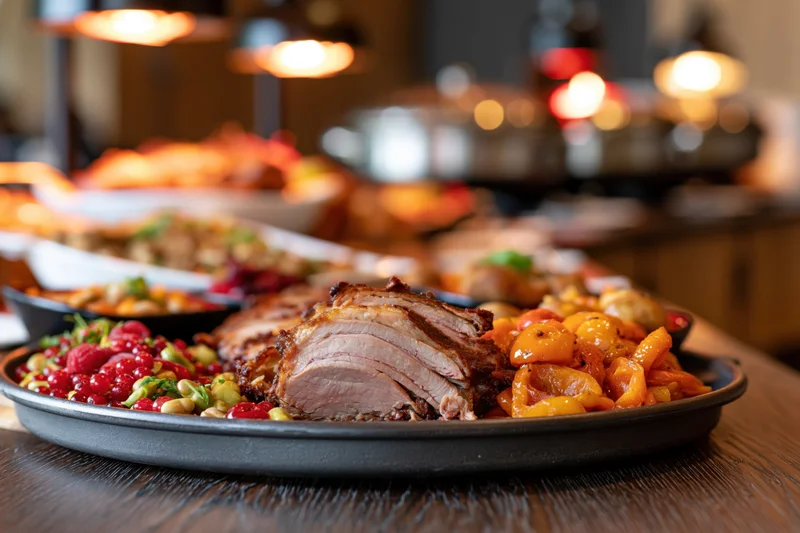 Sliced roasted pork on a dark metal tray with fruit and vegetables at a hotel buffet