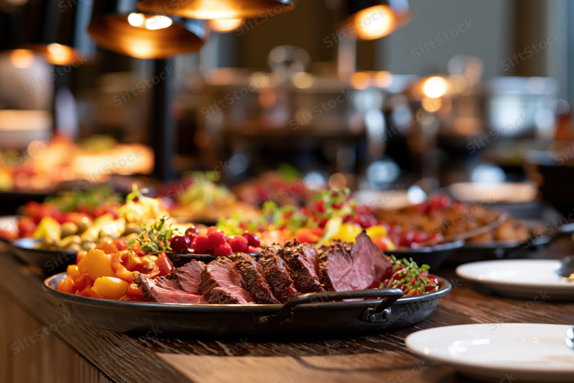 Sliced roasted meat on a dark metal platter at a hotel buffet table