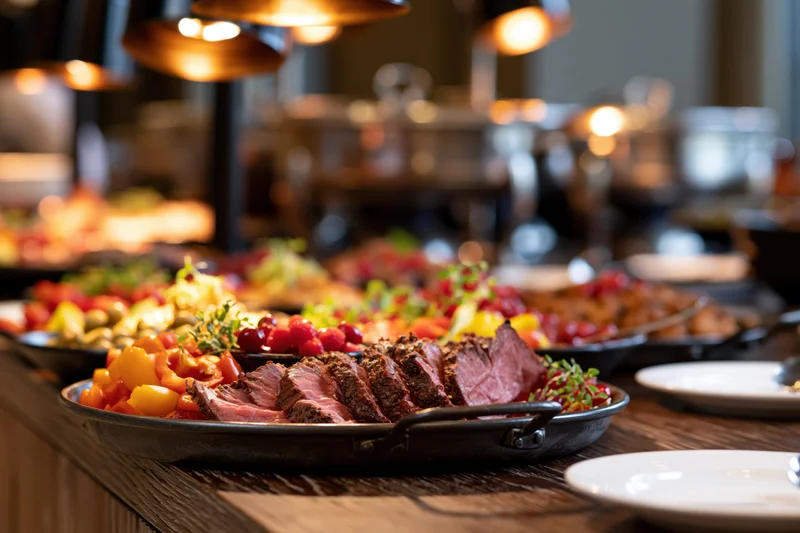 Sliced roasted meat on a dark metal platter at a hotel buffet table