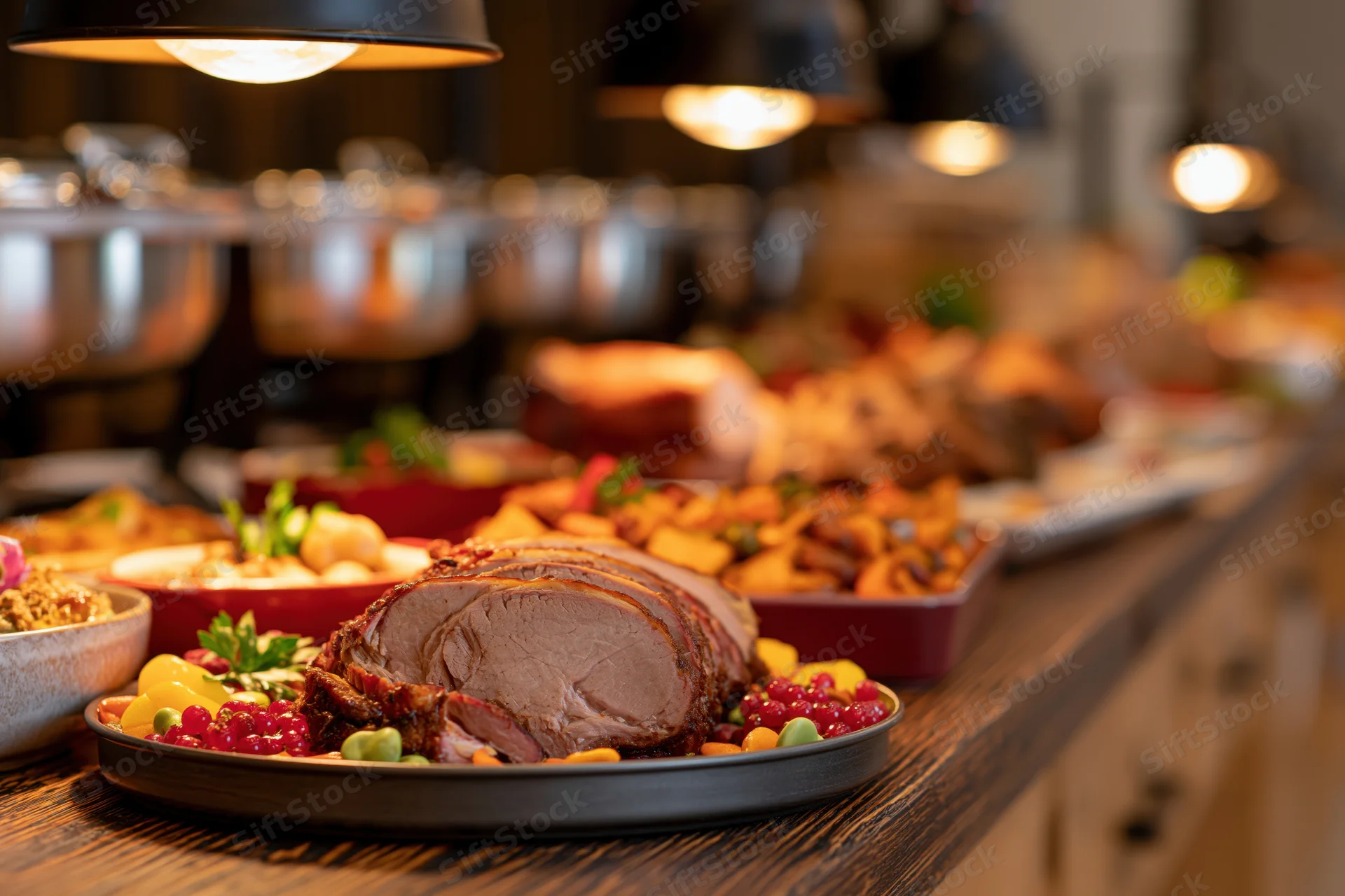 Sliced roasted meat on a dark metal platter at a hotel buffet line