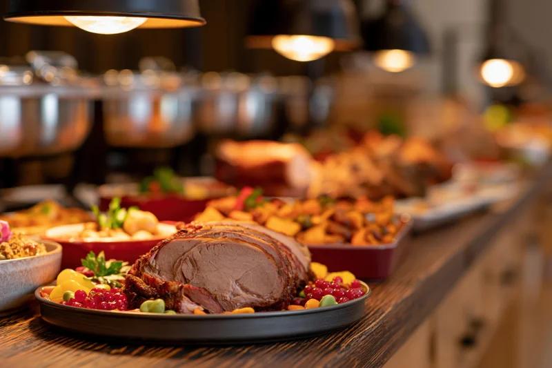 Sliced roasted meat on a dark metal platter at a hotel buffet line