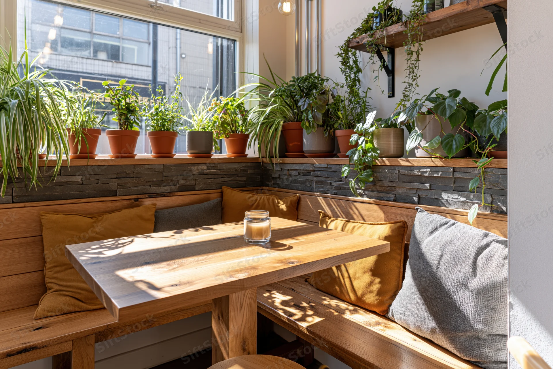 Wooden banquette seating with potted plants and sunlight in a modern cafe corner