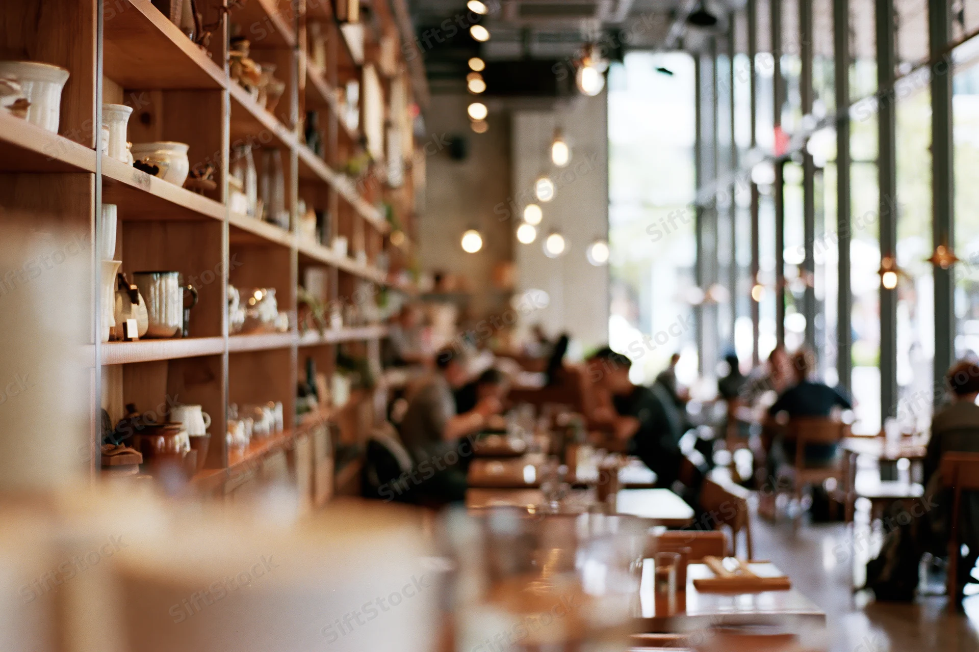 Interior of a busy cafe with wooden shelving displaying ceramic mugs and dishes along the wall, patrons seated at tables near large windows
